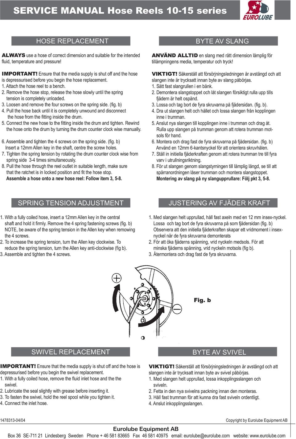 Remove the hose stop, release the hose slowly until the spring tension is completely unloaded. 3. Loosen and remove the four screws on the spring side. (fig. b) 4.