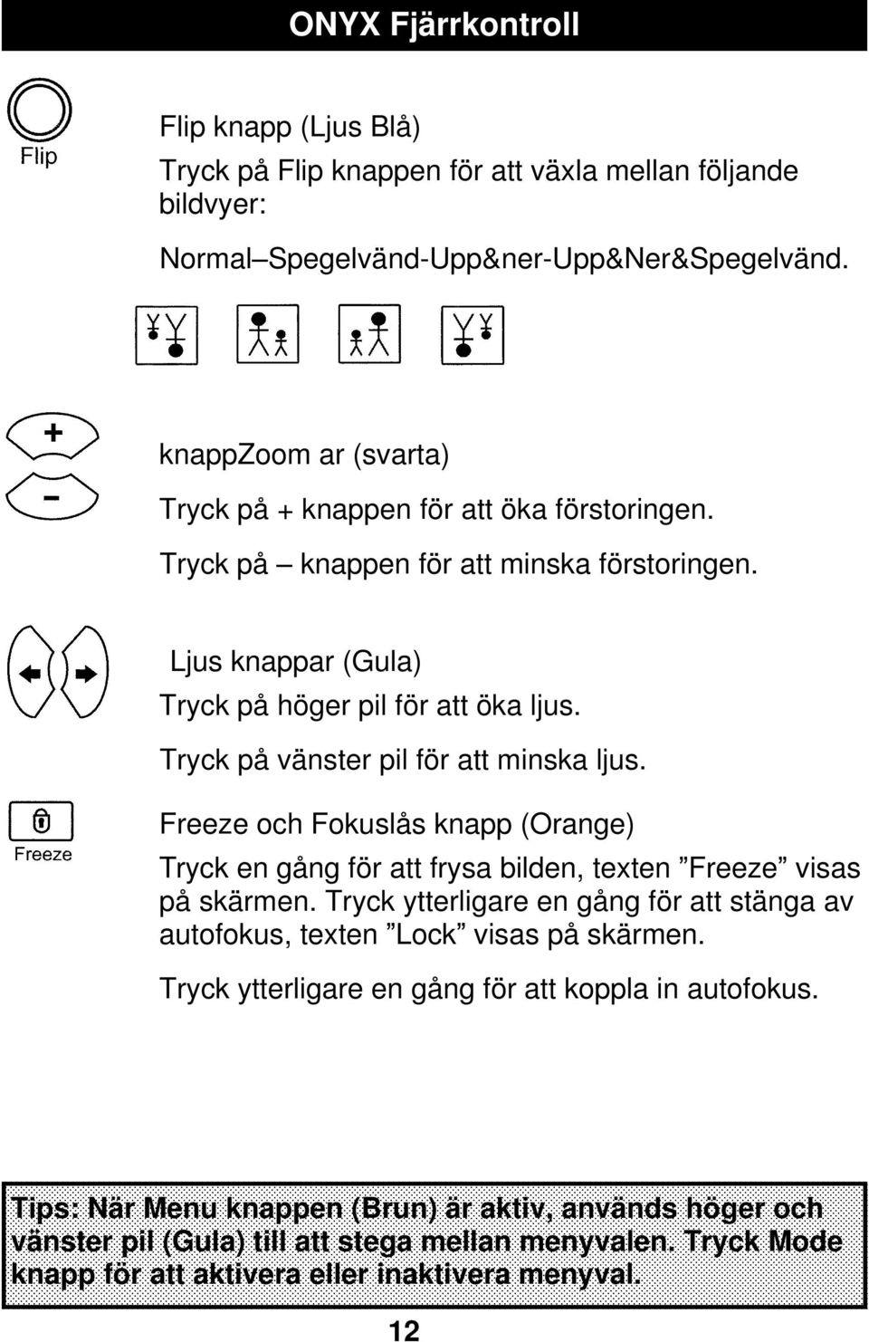 Tryck på vänster pil för att minska ljus. Freeze och Fokuslås knapp (Orange) Tryck en gång för att frysa bilden, texten Freeze visas på skärmen.