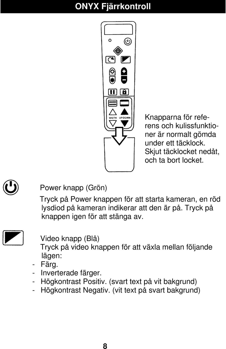 Power knapp (Grön) Tryck på Power knappen för att starta kameran, en röd lysdiod på kameran indikerar att den är på.