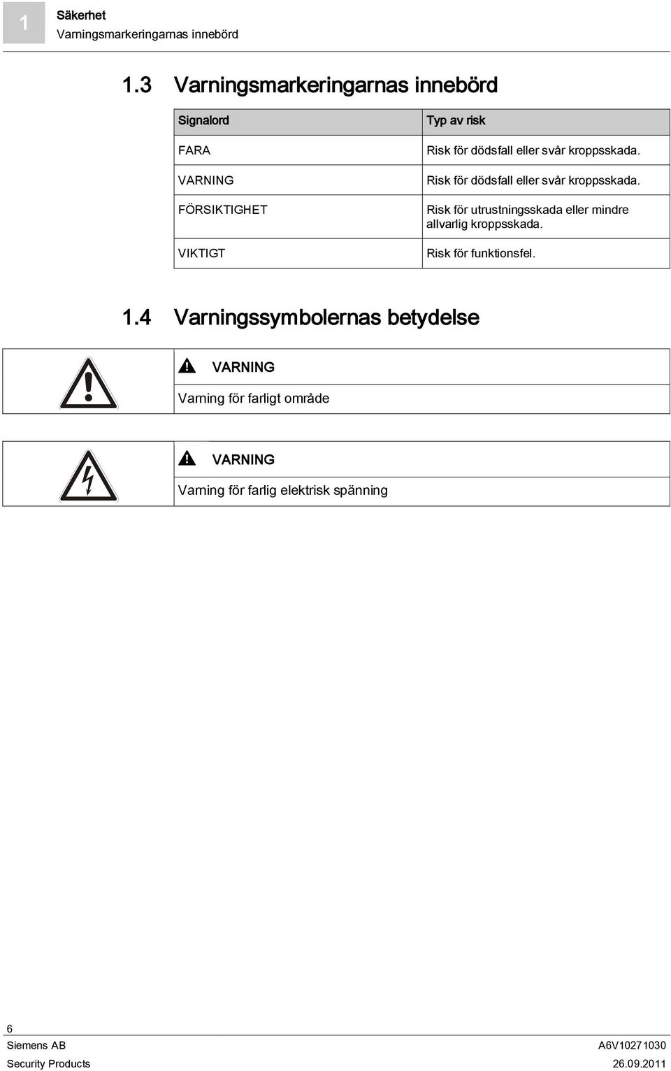 dödsfall eller svår kroppsskada. Risk för dödsfall eller svår kroppsskada.