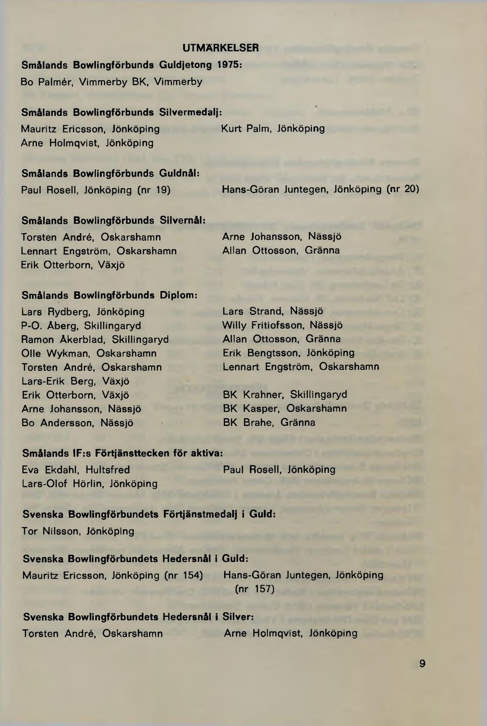 Oskarshamn Erik Otterborn, Växjö Arne Johansson, Nässjö Allan Ottosson, Gränna Smålands Bowlingförbunds Diplom: Lars Rydberg, Jönköping P-O.