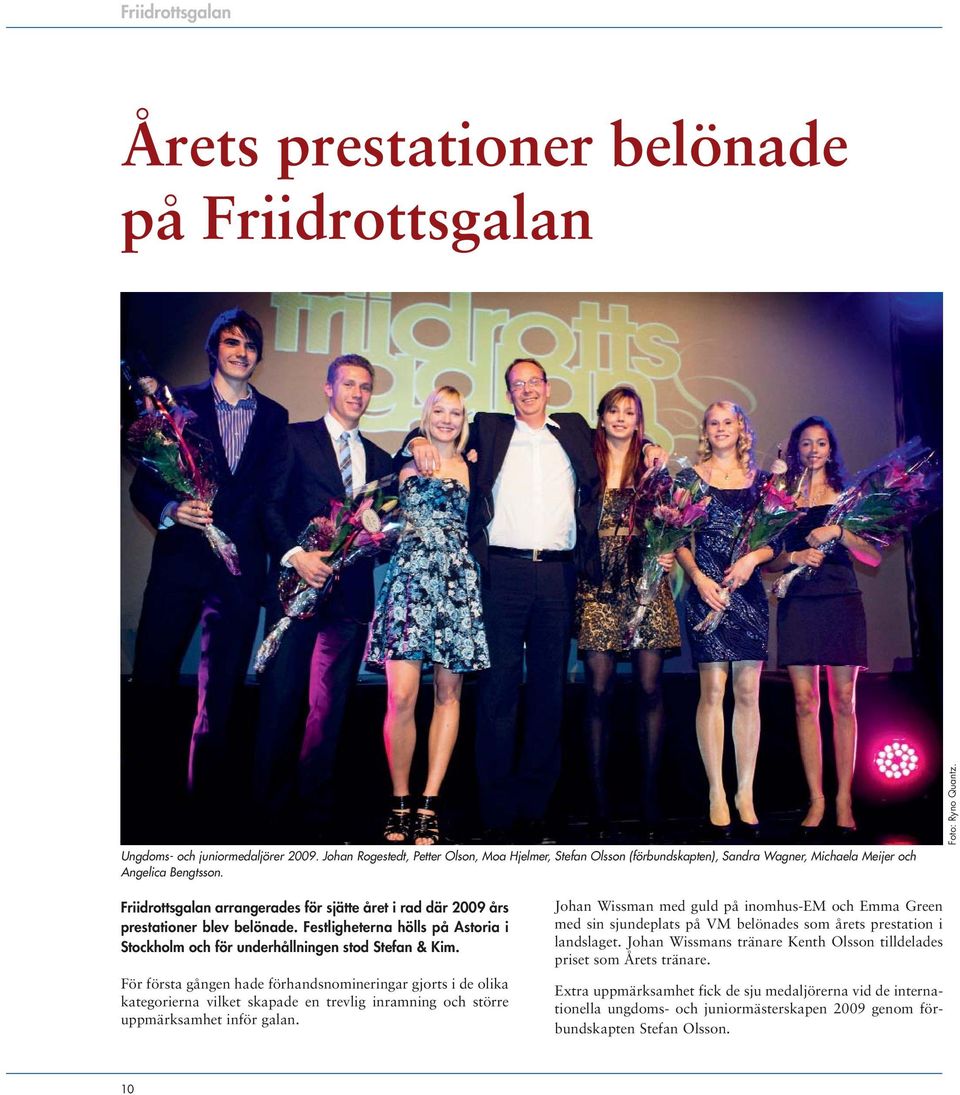 Friidrottsgalan arrangerades för sjätte året i rad där 2009 års prestationer blev belönade. Festligheterna hölls på Astoria i Stockholm och för underhållningen stod Stefan & Kim.