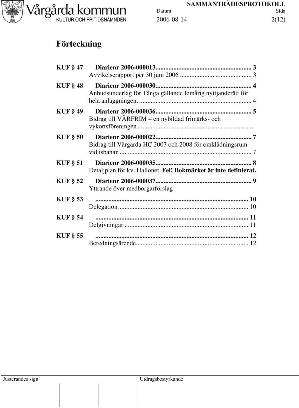 .. 5 Bidrag till VÅRFRIM en nybildad frimärks- och vykortsföreningen... KUF 50 Diarienr 2006-000022... 7 Bidrag till Vårgårda HC 2007 och 2008 för omklädningsrum vid isbanan.
