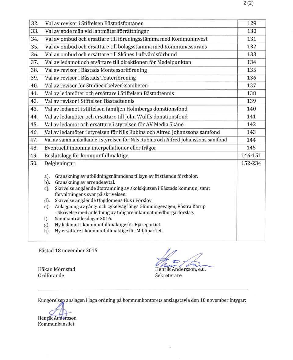 med Kommunassurans Val av ombud och ersättare till Skånes Luftvårdsförbund Val av ledamot och ersättare till direktionen för Medelpunkten Val av revisor i Båstads Montessoriförening Val av revisor i