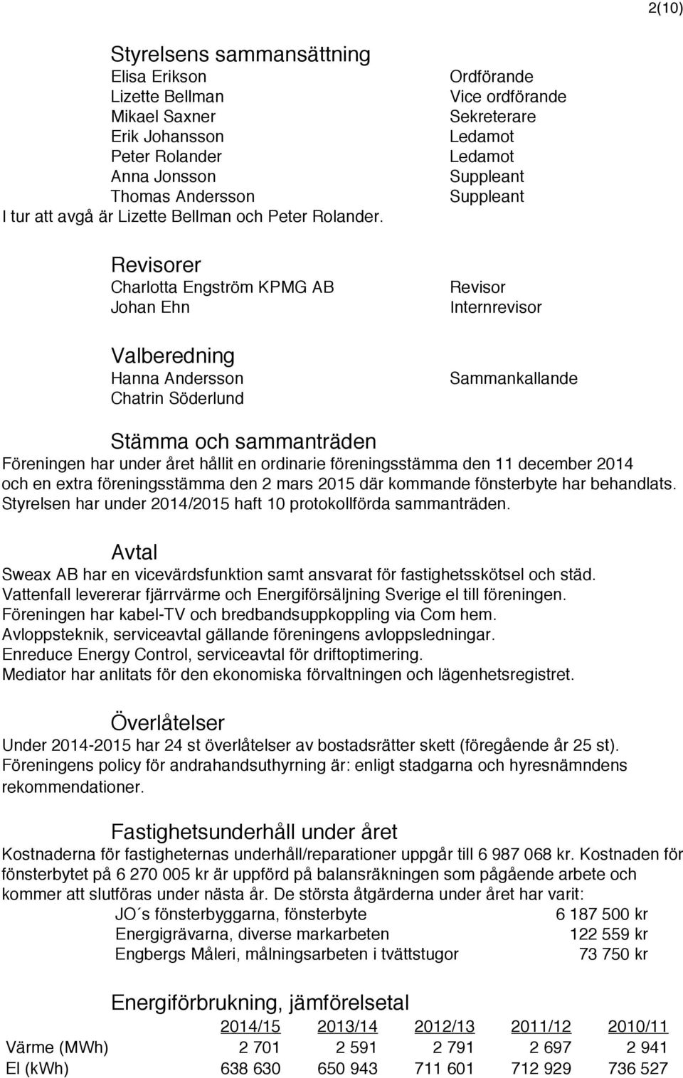 Sammankallande Stämma och sammanträden Föreningen har under året hållit en ordinarie föreningsstämma den 11 december 2014 och en extra föreningsstämma den 2 mars 2015 där kommande fönsterbyte har