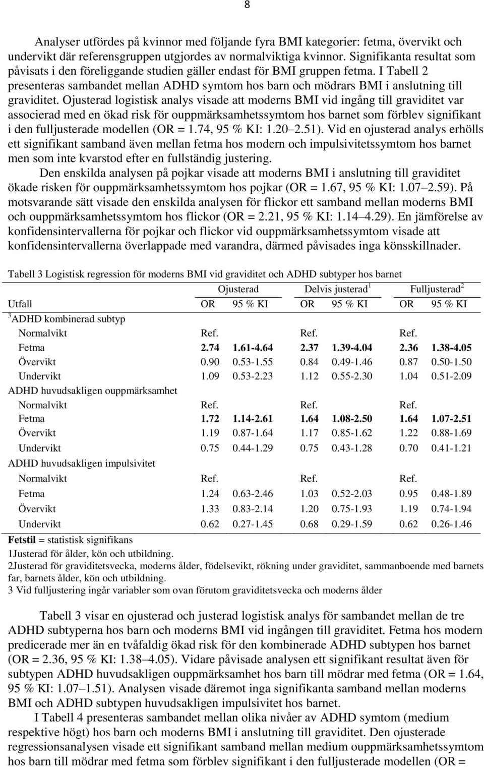 I Tabell 2 presenteras sambandet mellan ADHD symtom hos barn och mödrars BMI i anslutning till graviditet.