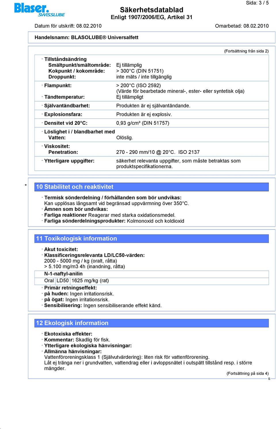 Explosionsfara: Produkten är ej explosiv. Densitet vid 20 C: 0,93 g/cm³ (DIN 51757) Löslighet i / blandbarhet med Vatten: Olöslig. Viskositet: Penetration: 270-290 mm/10 @ 20 C.