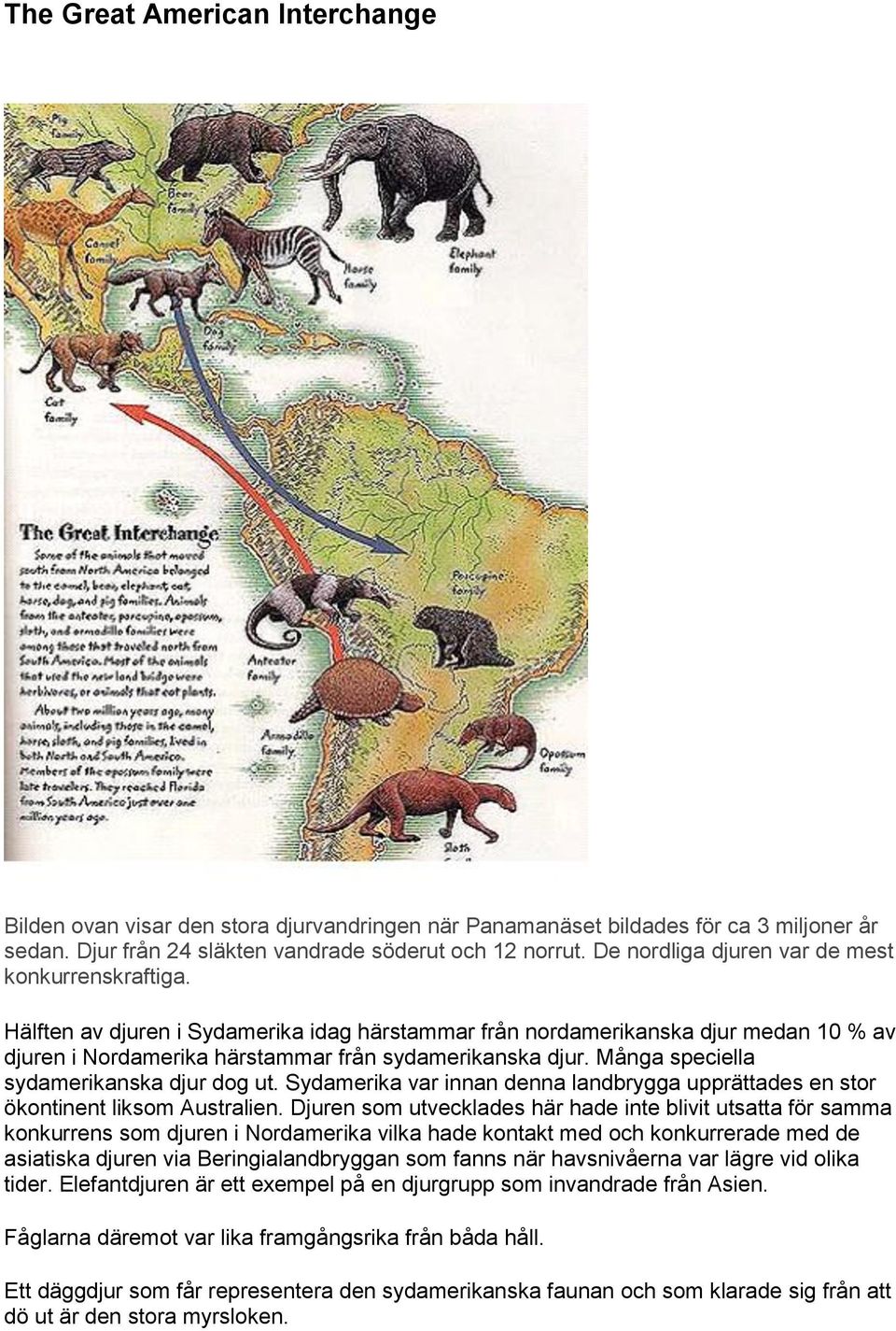 Många speciella sydamerikanska djur dog ut. Sydamerika var innan denna landbrygga upprättades en stor ökontinent liksom Australien.