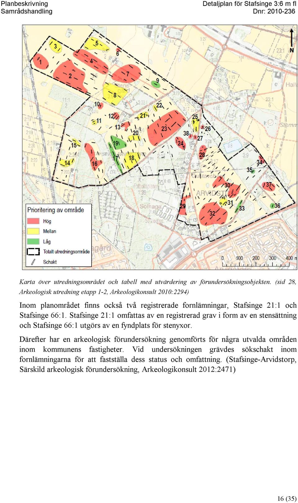 Stafsinge 21:1 omfattas av en registrerad grav i form av en stensättning och Stafsinge 66:1 utgörs av en fyndplats för stenyxor.