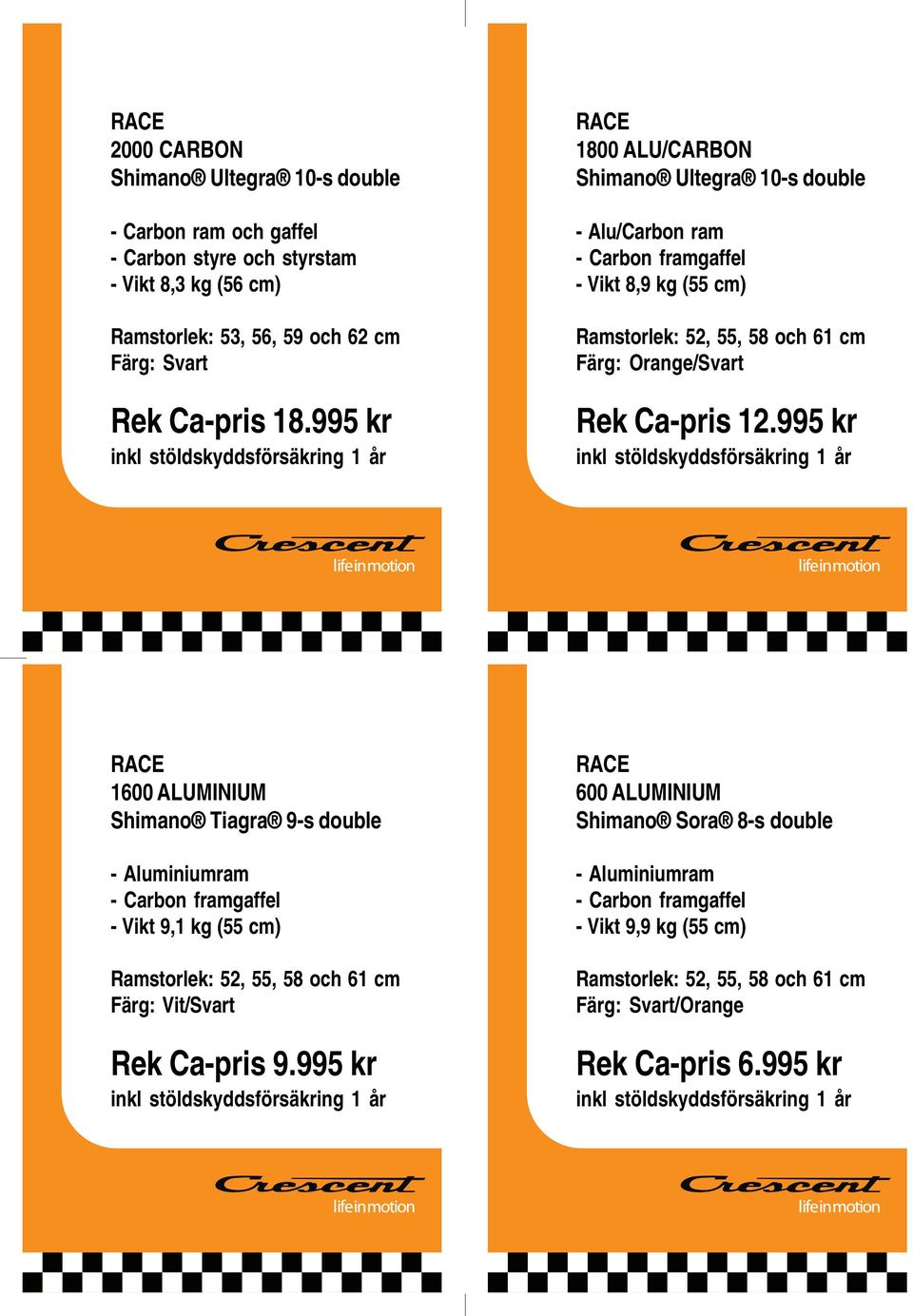 995 kr RACE 1800 ALU/CARBON Shimano Ultegra 10-s double - Alu/Carbon ram - Carbon framgaffel - Vikt 8,9 kg (55 cm) Ramstorlek: 52, 55, 58 och 61 cm Färg: Orange/Svart Rek