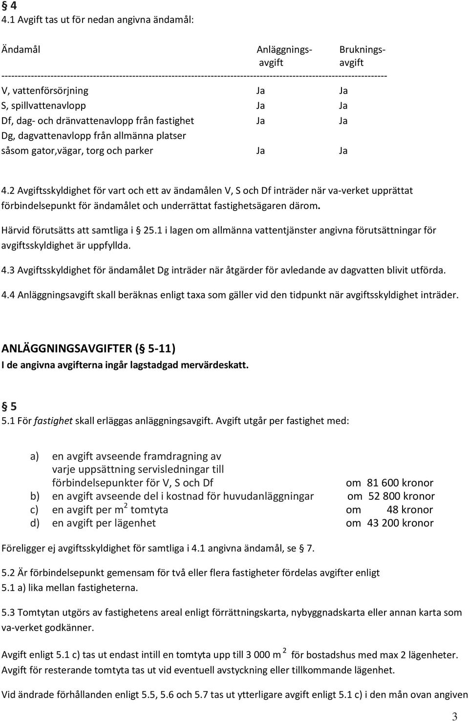 dränvattenavlopp från fastighet Ja Ja Dg, dagvattenavlopp från allmänna platser såsom gator,vägar, torg och parker Ja Ja 4.