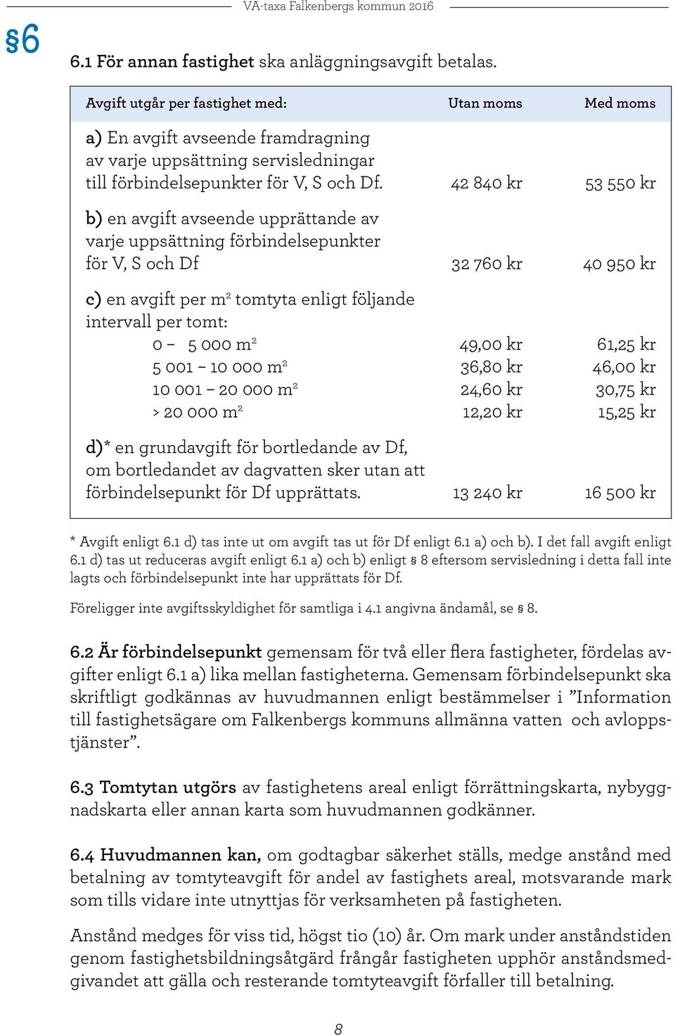 42 840 kr 53 550 kr b) en avgift avseende upprättande av varje uppsättning förbindelsepunkter för V, S och Df 32 760 kr 40 950 kr c) en avgift per m 2 tomtyta enligt följande intervall per tomt: 0 5