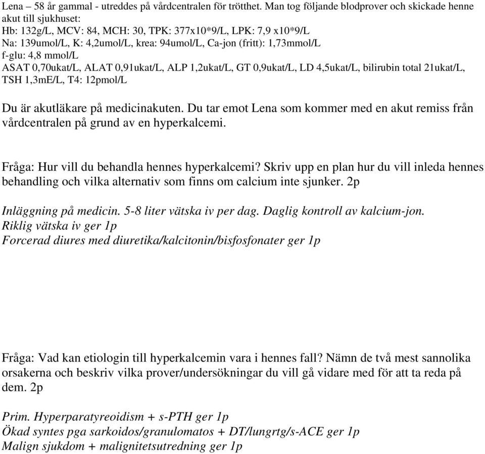 1,73mmol/L f-glu: 4,8 mmol/l ASAT 0,70ukat/L, ALAT 0,91ukat/L, ALP 1,2ukat/L, GT 0,9ukat/L, LD 4,5ukat/L, bilirubin total 21ukat/L, TSH 1,3mE/L, T4: 12pmol/L Du är akutläkare på medicinakuten.