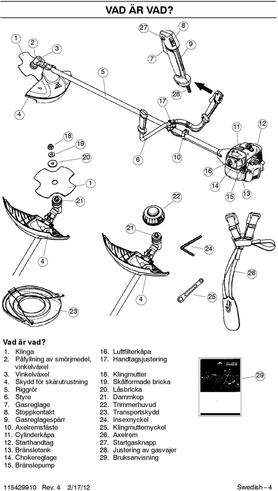 Låsbrlcka 6. Styre 21. Dammkop 7. Gasreglage 22. Trimmerhuvud 8. Stoppkontakt 23. Transportskydd 9. Gasreglagespärr 24. Insexnyckel 10. Axelremsfäste 25.