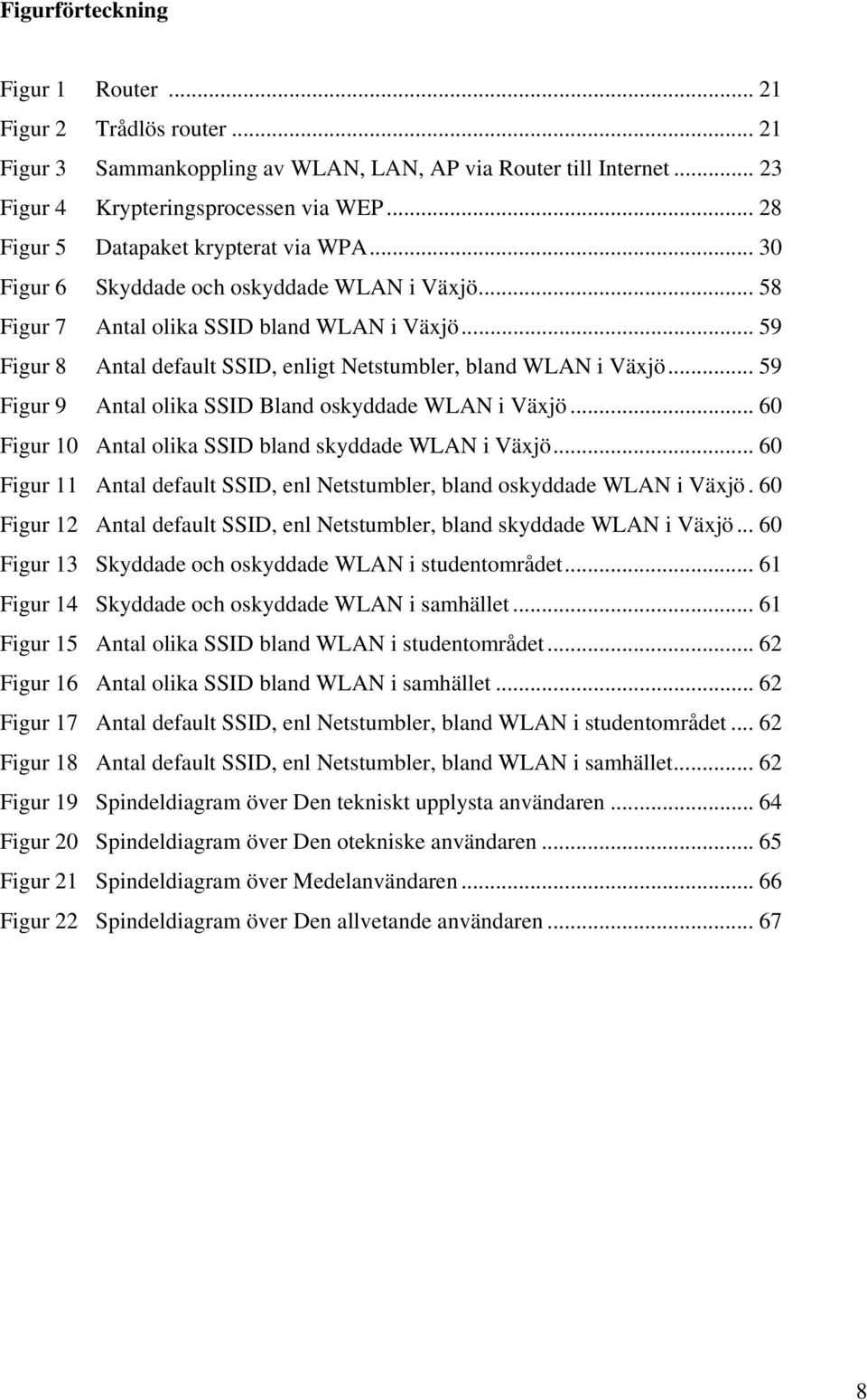 .. 59 Figur 8 Antal default SSID, enligt Netstumbler, bland WLAN i Växjö... 59 Figur 9 Antal olika SSID Bland oskyddade WLAN i Växjö... 60 Figur 10 Antal olika SSID bland skyddade WLAN i Växjö.