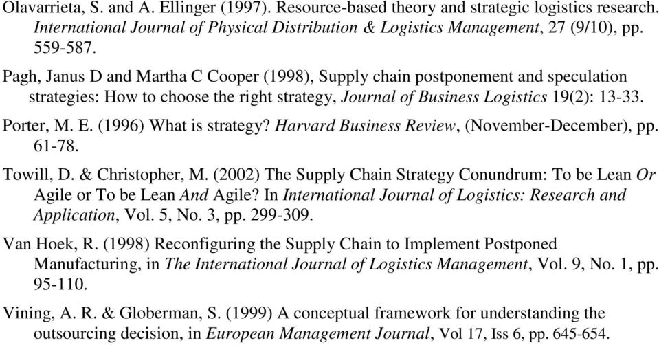 (1996) What is strategy? Harvard Business Review, (November-December), pp. 61-78. Towill, D. & Christopher, M. (2002) The Supply Chain Strategy Conundrum: To be Lean Or Agile or To be Lean And Agile?