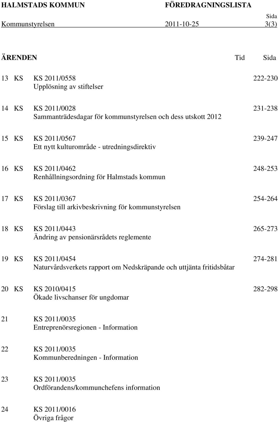 arkivbeskrivning för kommunstyrelsen 254-264 18 KS KS 2011/0443 Ändring av pensionärsrådets reglemente 265-273 19 KS KS 2011/0454 Naturvårdsverkets rapport om Nedskräpande och uttjänta fritidsbåtar
