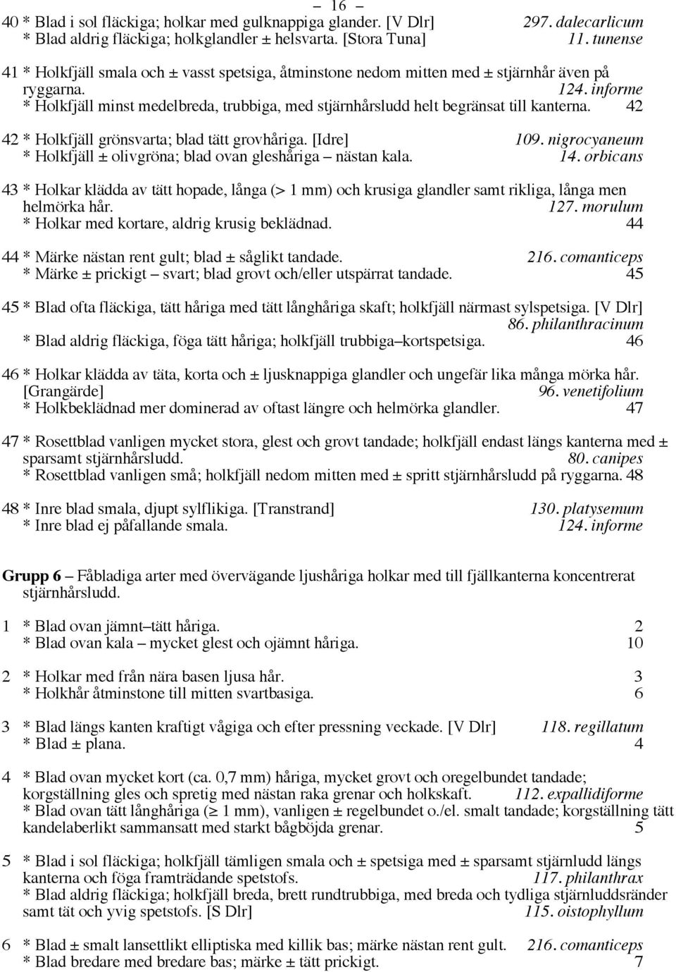 informe * Holkfjäll minst medelbreda, trubbiga, med stjärnhårsludd helt begränsat till kanterna. 42 42 * Holkfjäll grönsvarta; blad tätt grovhåriga. [Idre] 109.