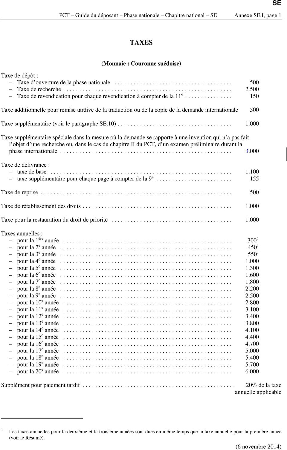 .. 150 Taxe additionnelle pour remise tardive de la traduction ou de la copie de la demande internationale 500 Taxe supplémentaire (voir le paragraphe.10).... 1.000 Taxe supplémentaire spéciale dans