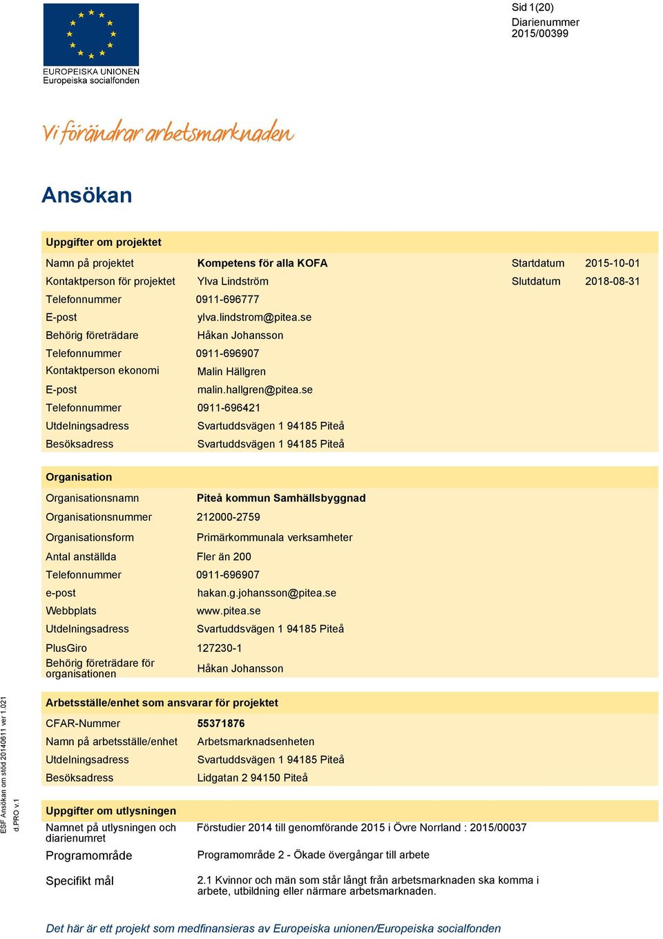 se 0911-696421 Svartuddsvägen 1 94185 Piteå Svartuddsvägen 1 94185 Piteå Organisation namn form Antal anställda e-post Webbplats Utdelningsadress PlusGiro Behörig företrädare för organisationen Piteå