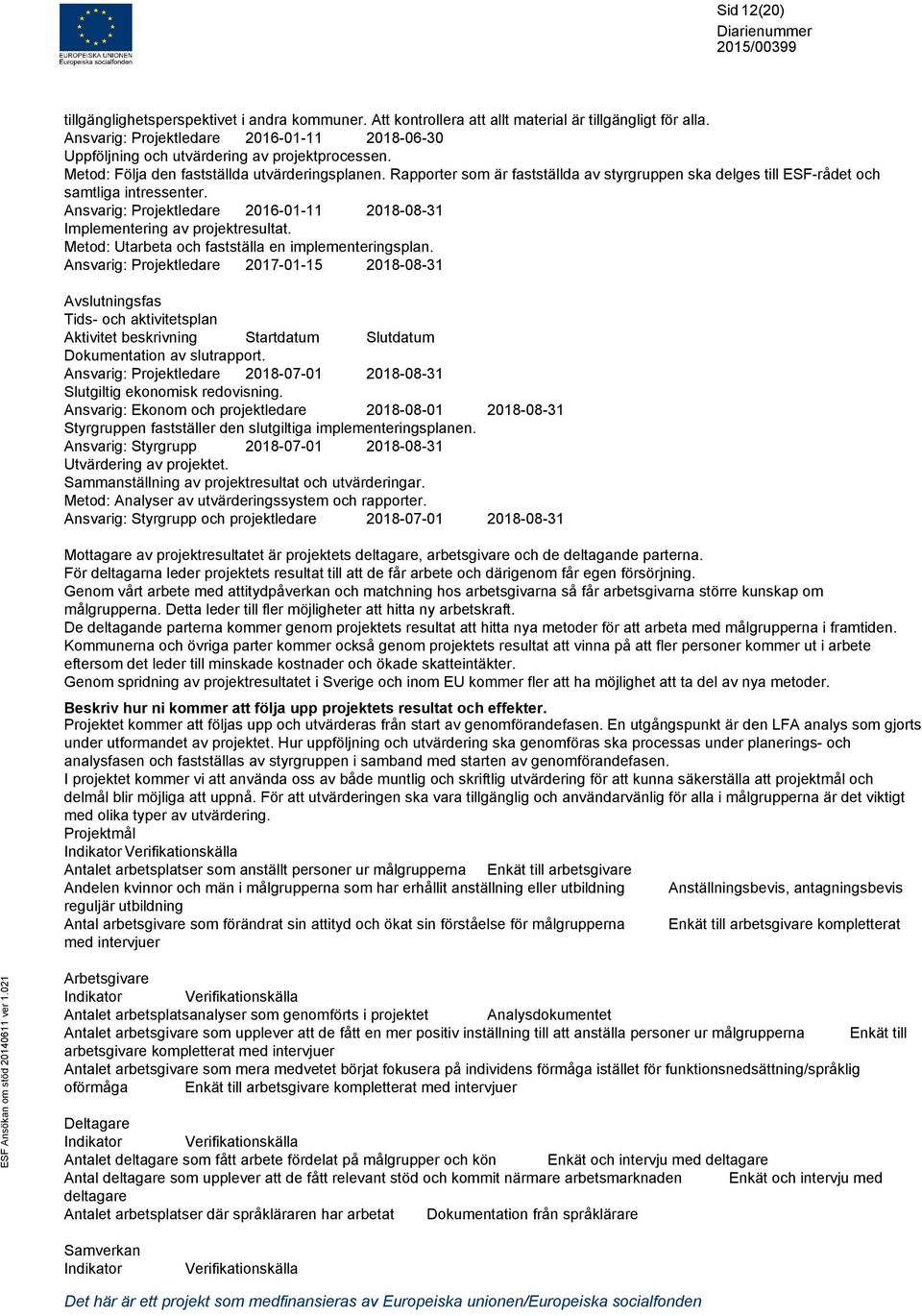 Rapporter som är fastställda av styrgruppen ska delges till ESF-rådet och samtliga intressenter. Ansvarig: Projektledare 2016-01-11 2018-08-31 Implementering av projektresultat.