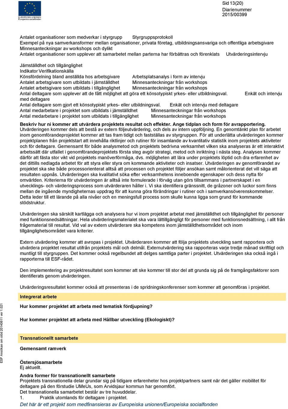 tillgänglighet Indikator Verifikationskälla Könsfördelning bland anställda hos arbetsgivare Arbetsplatsanalys i form av intervju Antalet arbetsgivare som utbildats i jämställdhet Minnesanteckningar