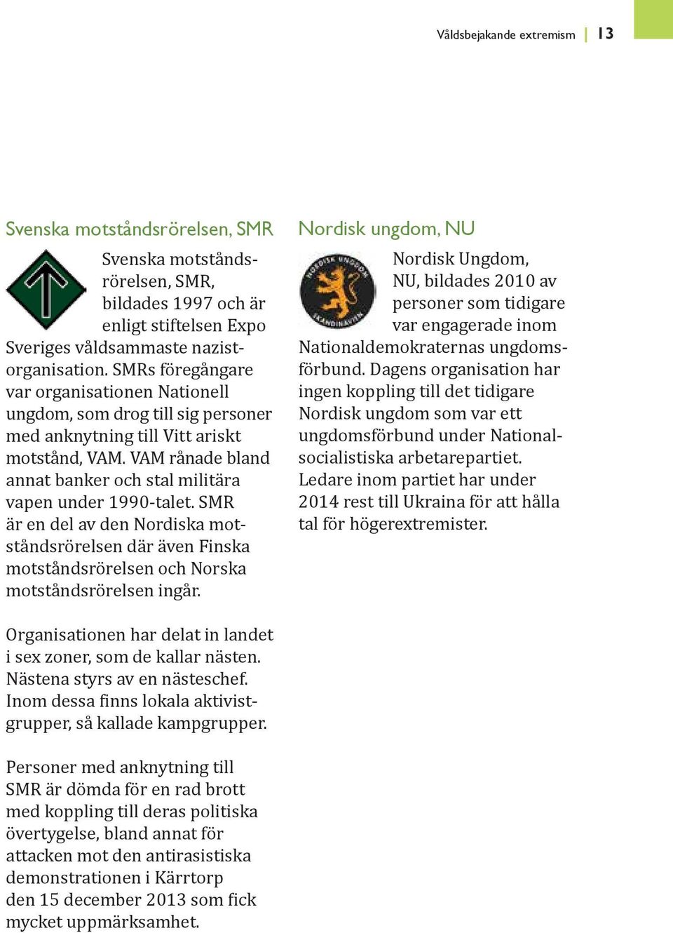 SMR är en del av den Nordiska motståndsrörelsen där även Finska motståndsrörelsen och Norska motståndsrörelsen ingår.