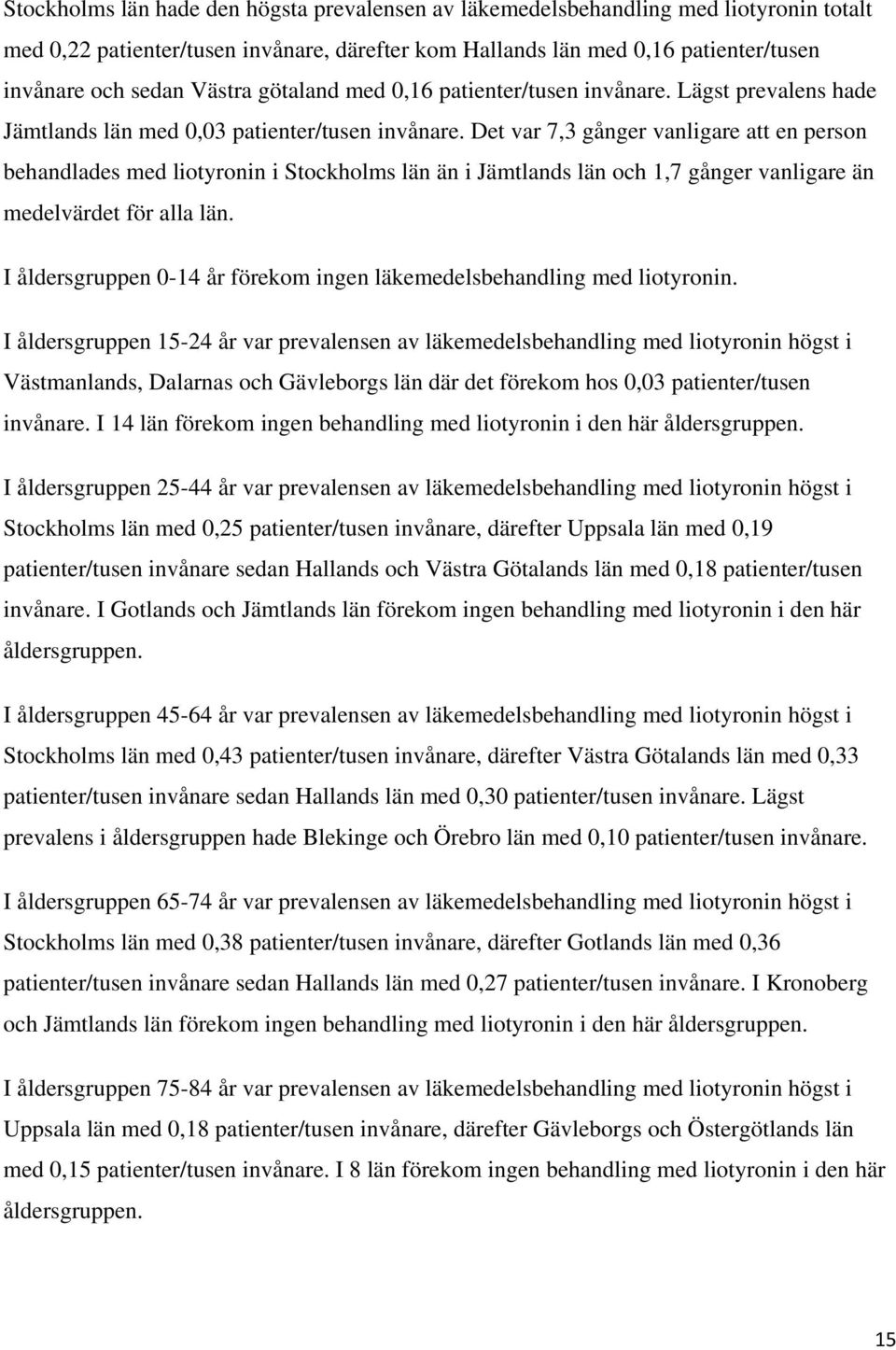 Det var 7,3 gånger vanligare att en person behandlades med liotyronin i Stockholms län än i Jämtlands län och 1,7 gånger vanligare än medelvärdet för alla län.