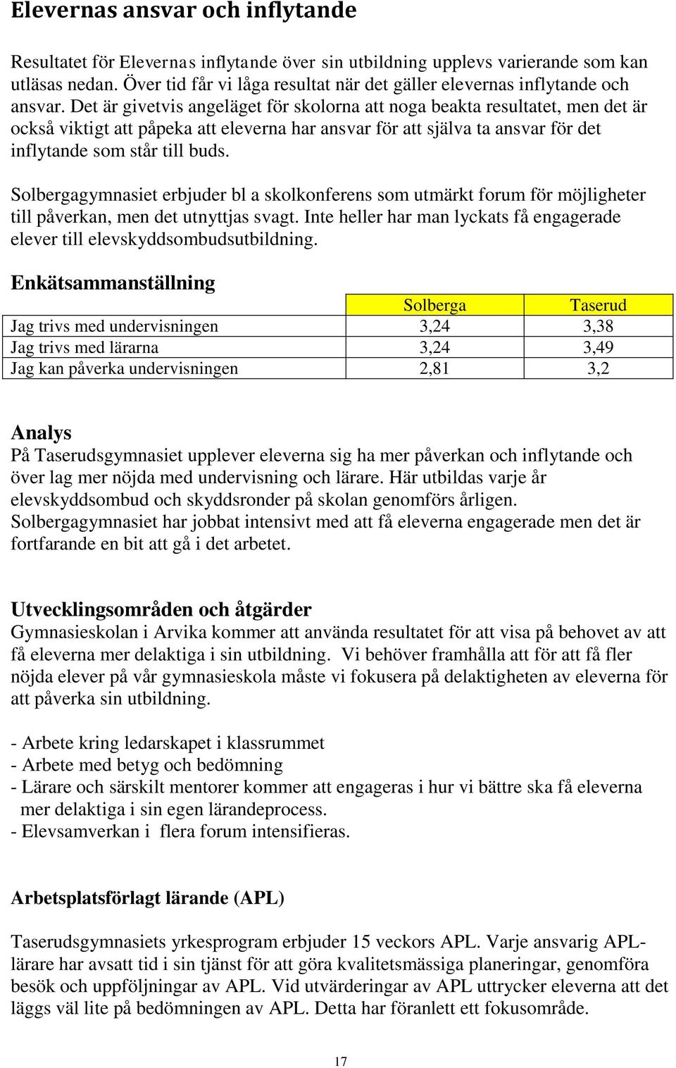 Det är givetvis angeläget för skolorna att noga beakta resultatet, men det är också viktigt att påpeka att eleverna har ansvar för att själva ta ansvar för det inflytande som står till buds.