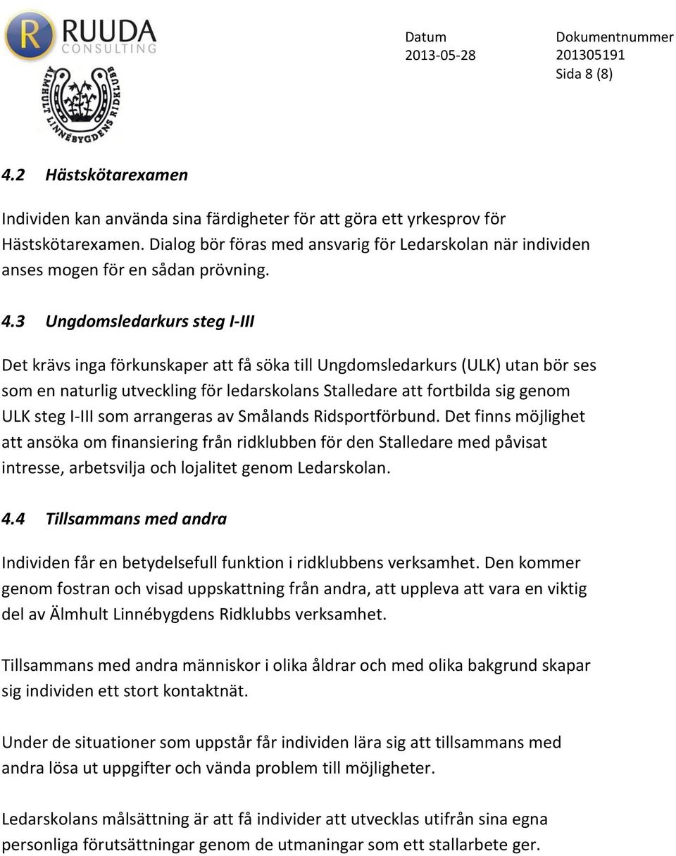 3 Ungdomsledarkurs steg I-III Det krävs inga förkunskaper att få söka till Ungdomsledarkurs (ULK) utan bör ses som en naturlig utveckling för ledarskolans Stalledare att fortbilda sig genom ULK steg