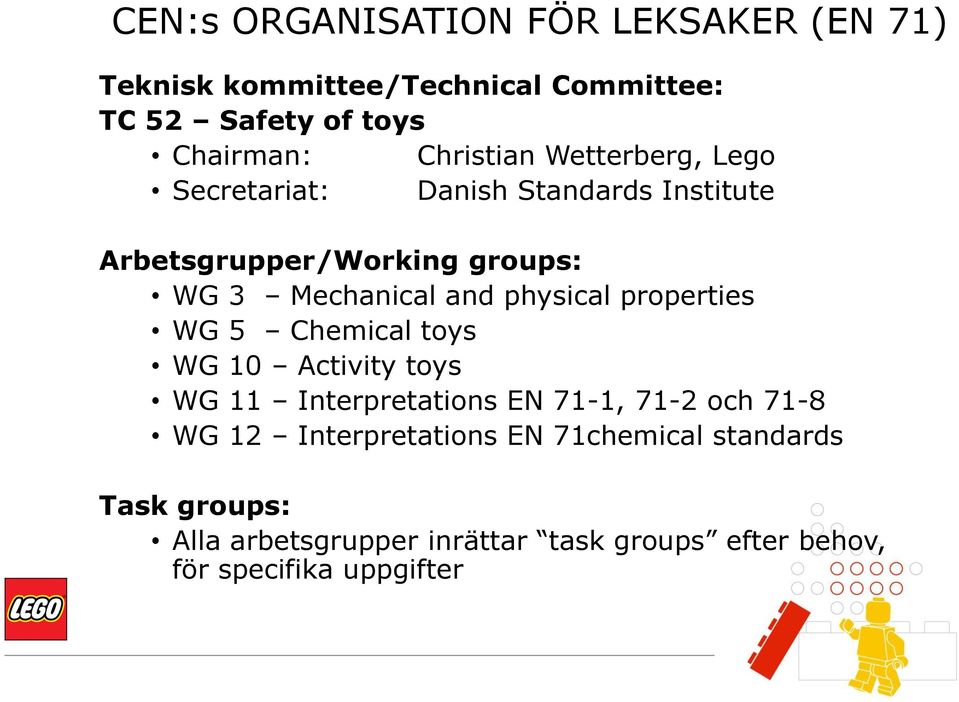 physical properties WG 5 Chemical toys WG 10 Activity toys WG 11 Interpretations EN 71-1, 71-2 och 71-8 WG 12