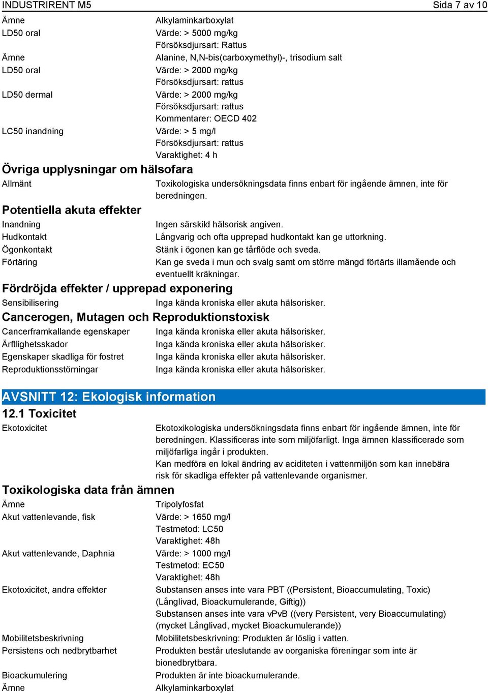 rattus Kommentarer: OECD 402 Värde: > 5 mg/l Försöksdjursart: rattus Varaktighet: 4 h Toxikologiska undersökningsdata finns enbart för ingående ämnen, inte för beredningen.