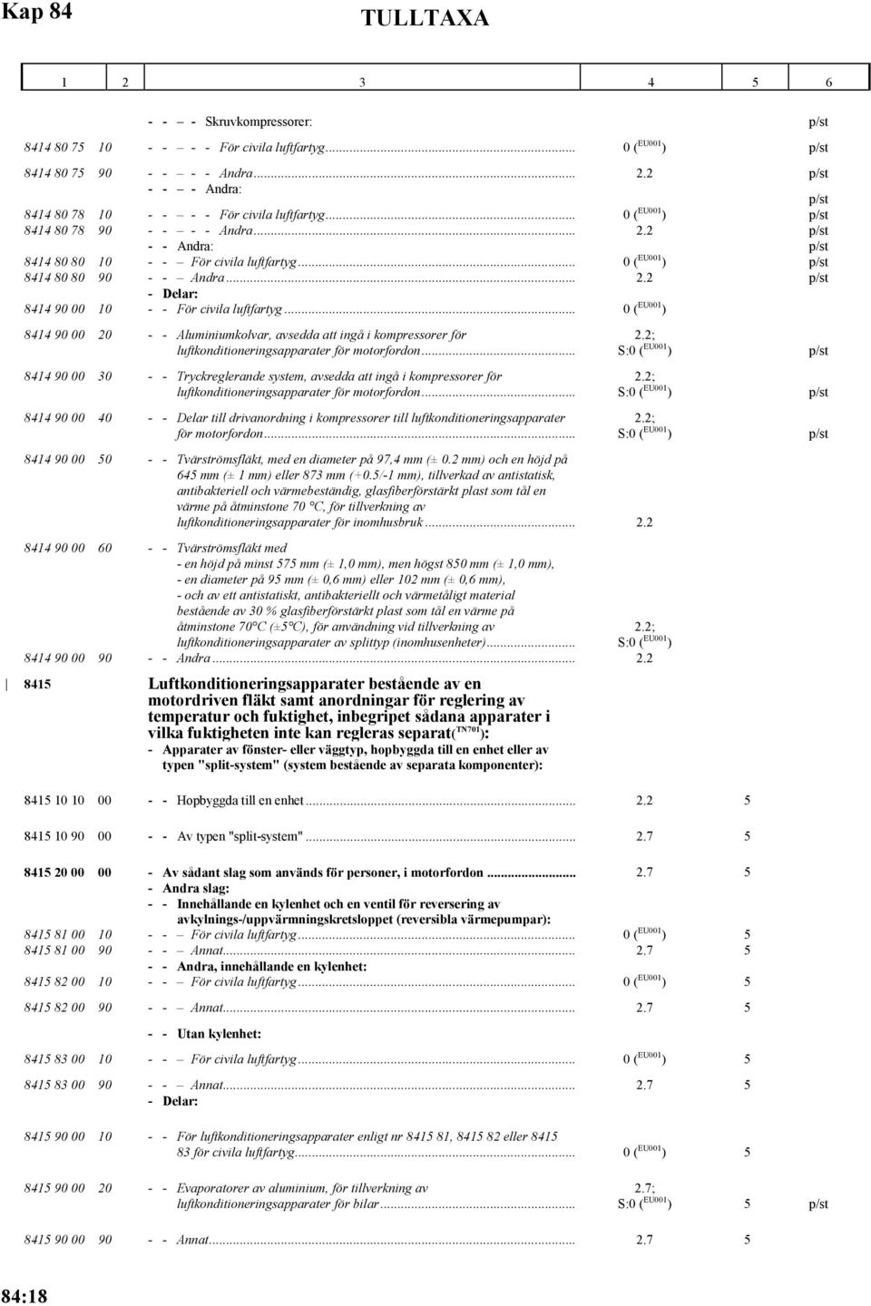 .. 0 ( EU001 ) p/st 8414 80 80 90 - - Andra... 2.2 p/st - Delar: 8414 90 00 10 - - För civila luftfartyg.