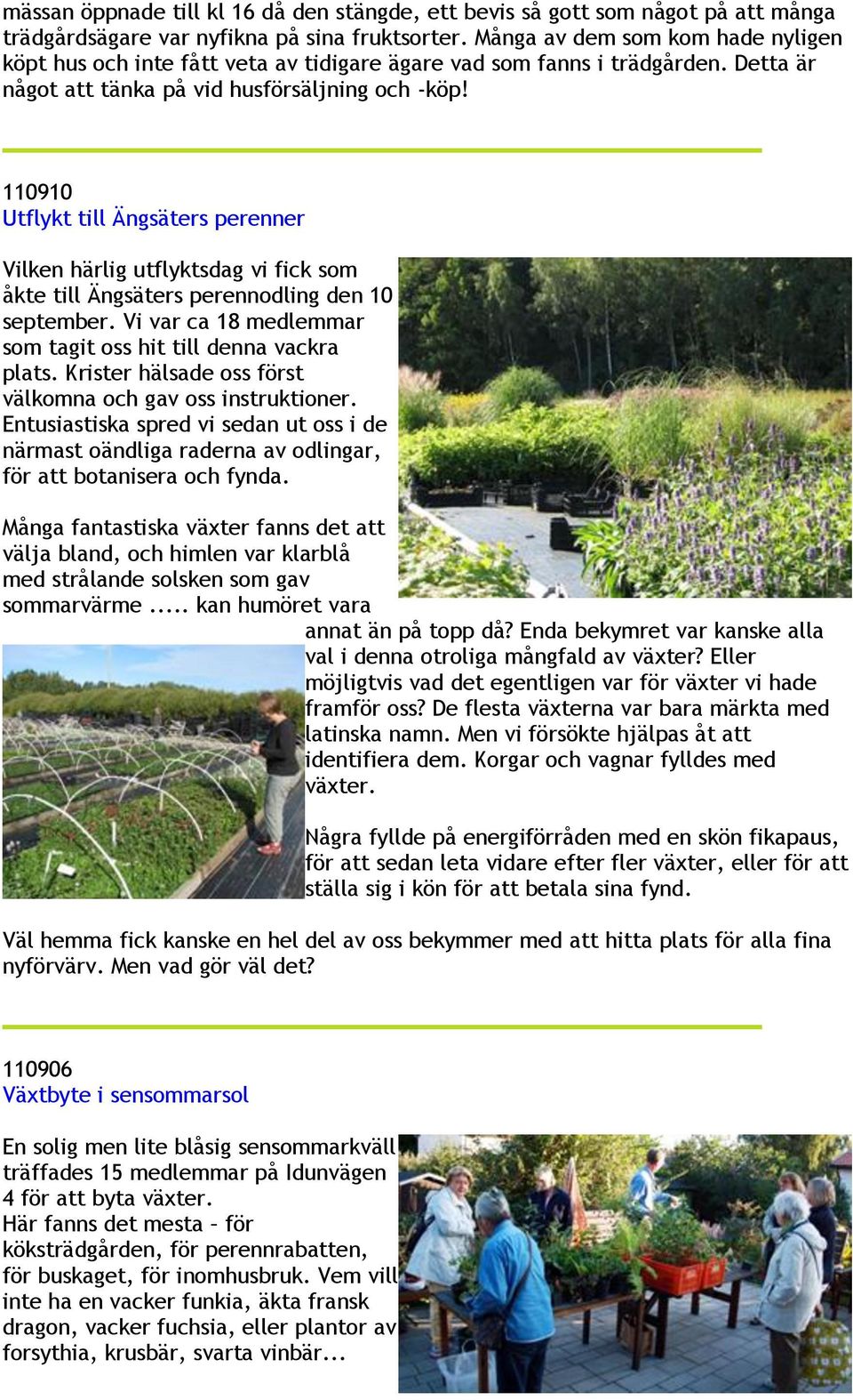 110910 Utflykt till Ängsäters perenner Vilken härlig utflyktsdag vi fick som åkte till Ängsäters perennodling den 10 september. Vi var ca 18 medlemmar som tagit oss hit till denna vackra plats.