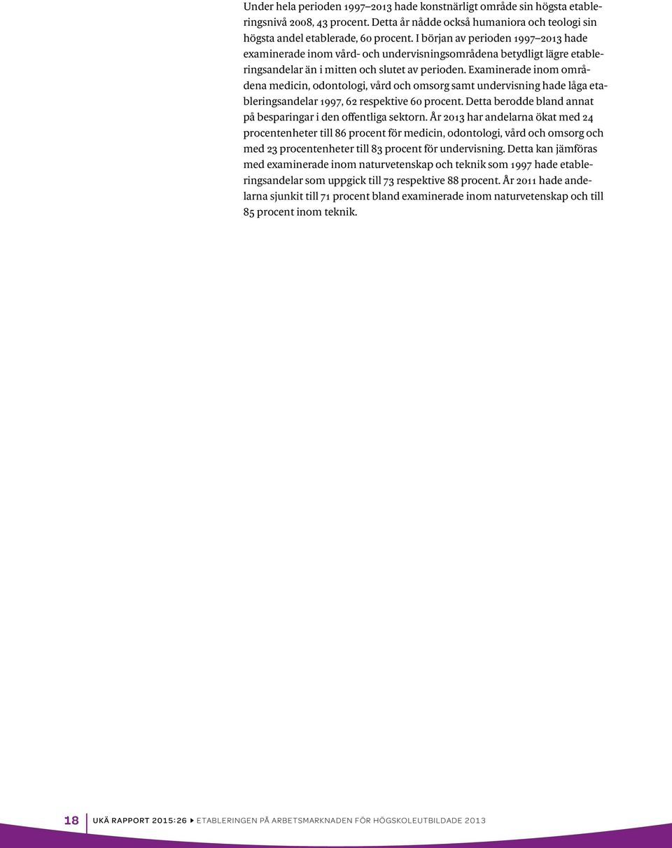 Examinerade inom områdena medicin, odontologi, vård och omsorg samt undervisning hade låga etableringsandelar 1997, 62 respektive 60 procent.