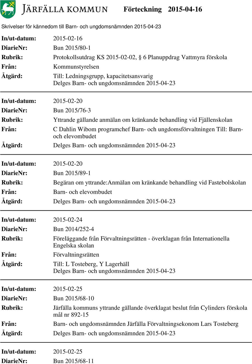 om yttrande:anmälan om kränkande behandling vid Fastebolskolan Barn- och elevombudet In/ut-datum: 2015-02-24 Bun 2014/252-4 Föreläggande från - överklagan från Internationella Engelska skolan Till: L