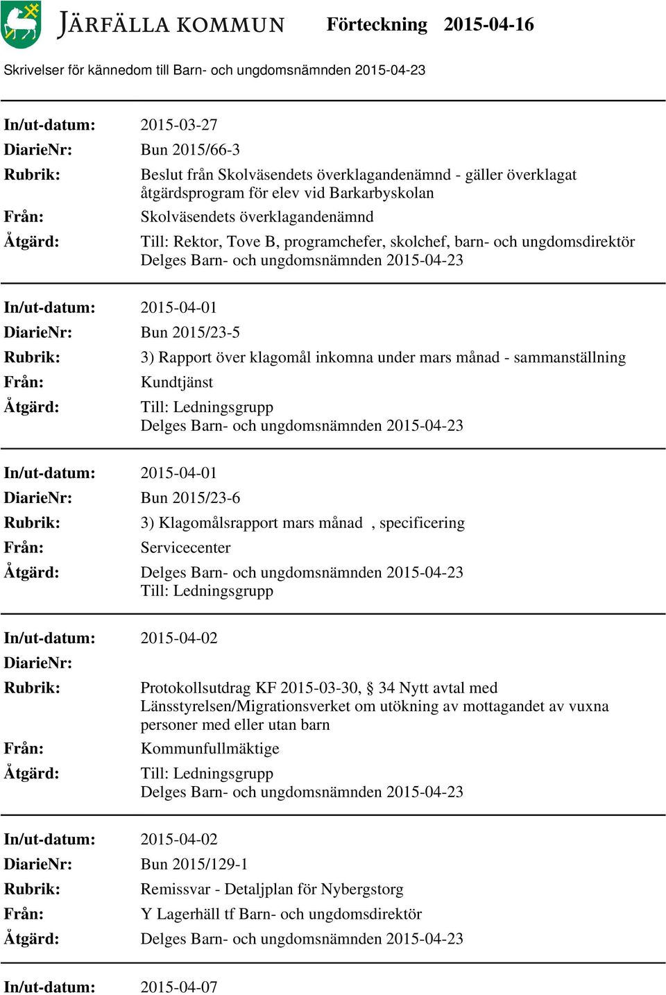 In/ut-datum: 2015-04-01 Bun 2015/23-6 3) Klagomålsrapport mars månad, specificering Servicecenter Till: Ledningsgrupp In/ut-datum: 2015-04-02 Protokollsutdrag KF 2015-03-30, 34 Nytt avtal med