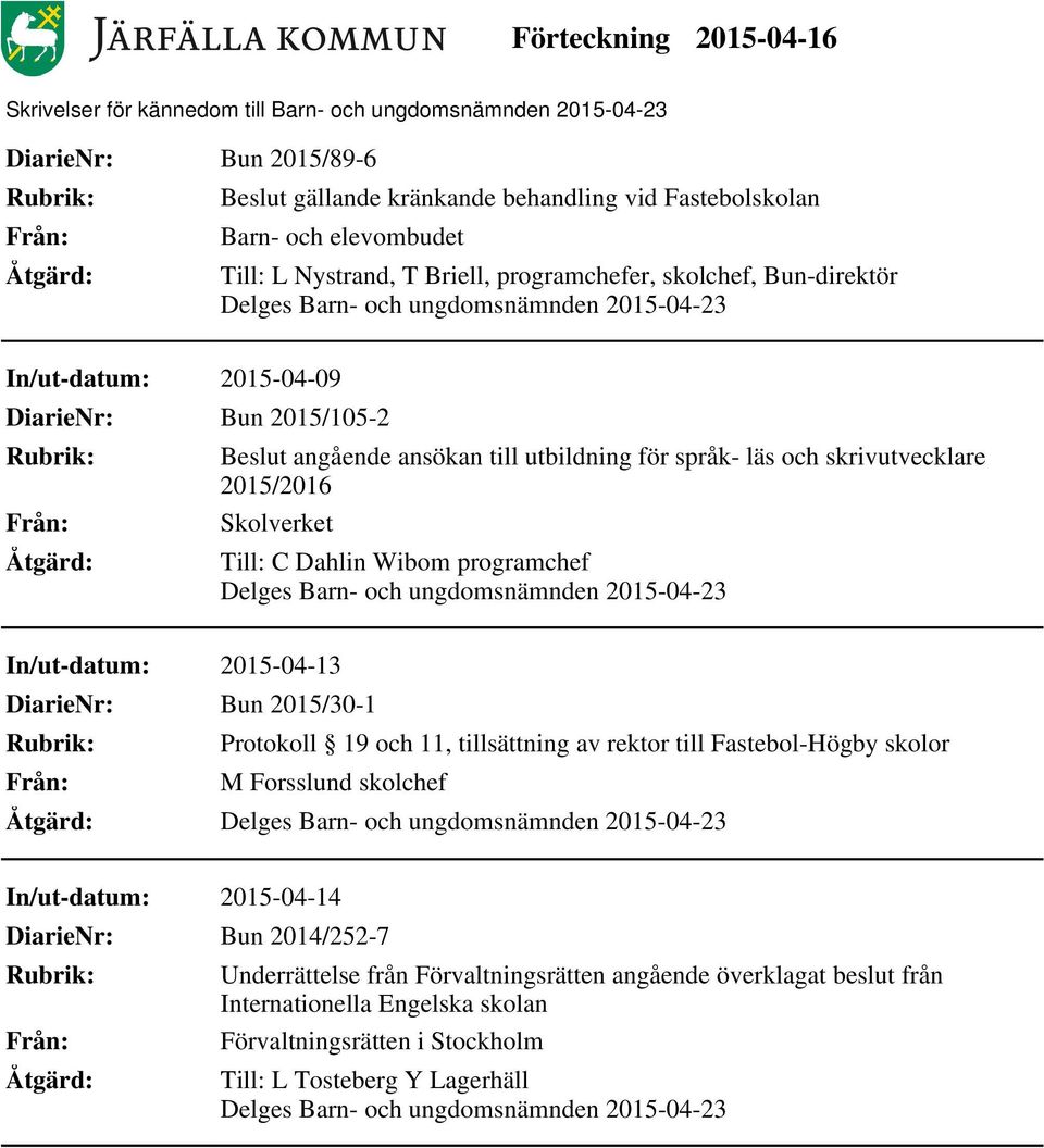 C Dahlin Wibom programchef In/ut-datum: 2015-04-13 Bun 2015/30-1 Protokoll 19 och 11, tillsättning av rektor till Fastebol-Högby skolor M Forsslund