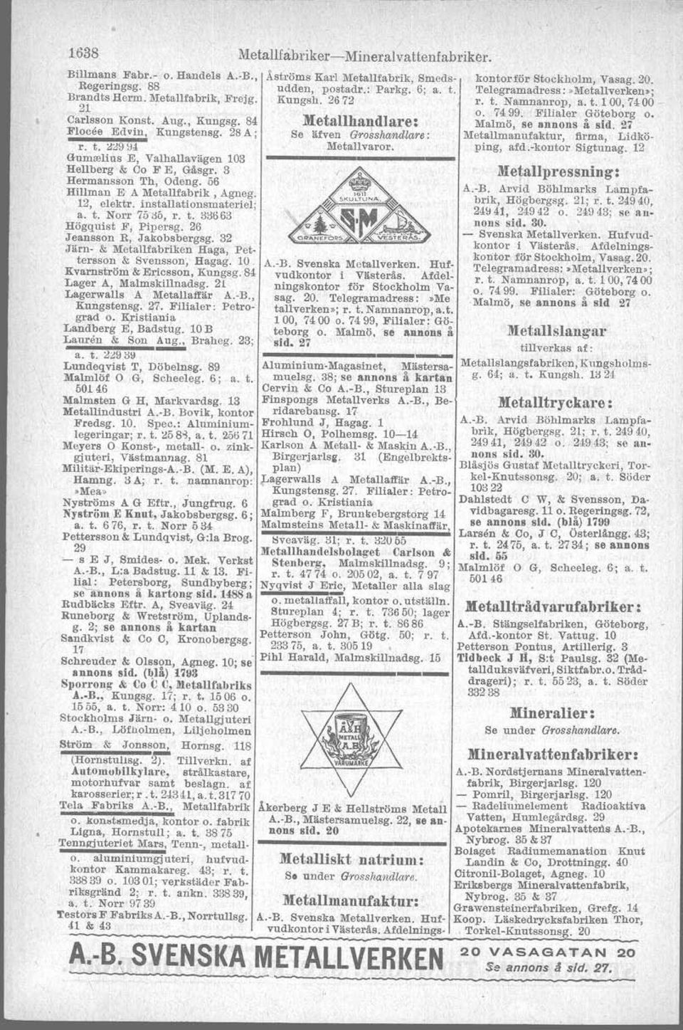 56 Hillman E A Metallfabrik, Agneg,. \ 12, elektr. nstallattonsmaterrej,, a. t. Norr'7Ö'dö, r. t. 33663 Högquist F, Pipersg. 26 JeanSson R,_Jakobsbergsg.