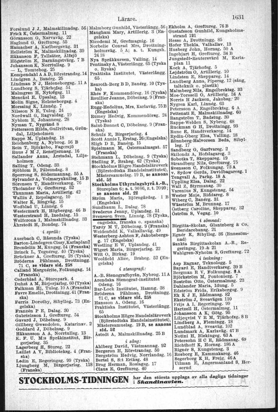 Husberg 'John, Hornsg.5Q A'>,i 2418,'" ngebjari H" Greftureg, 34"B';.\.,' Ny\, Sprakkurs~n, Valling,. 14 Jungstedt-Reutersvärd M,. 'Karla" ':i' Pentinsky A,Västerlangg. 65 (Tyska plan 11 ' '" o.