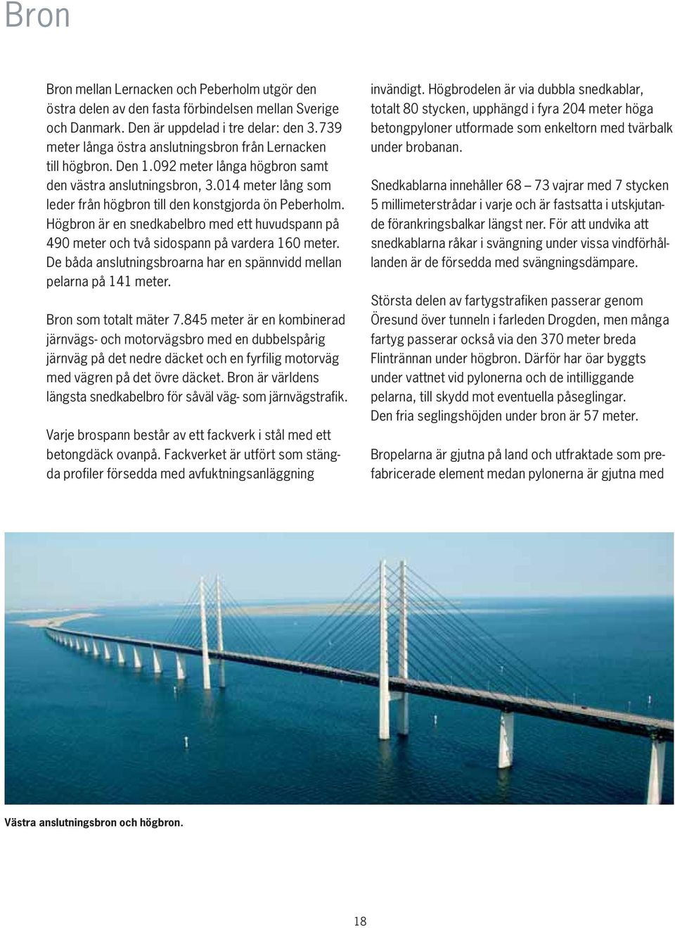 014 meter lång som leder från högbron till den konstgjorda ön Peberholm. Högbron är en snedkabelbro med ett huvudspann på 490 meter och två sidospann på vardera 160 meter.