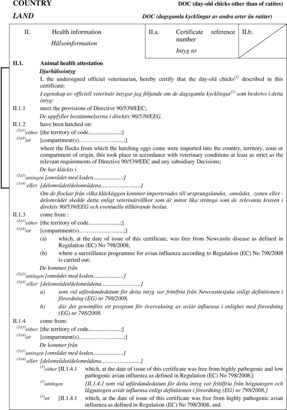 jag följande om de dagsgamla kycklingar (1) som beskrivs i detta intyg: II.1.1 meet the provisions of Directive 90/539/EEC; De uppfyller bestämmelserna i direktiv 90/539/EEG. II.1.2 have been hatched on: (2)(3) either [the territory of code.
