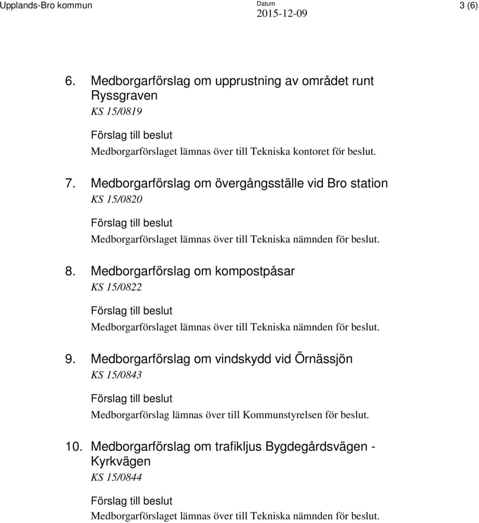 kontoret för beslut. 7. Medborgarförslag om övergångsställe vid Bro station KS 15/0820 8.