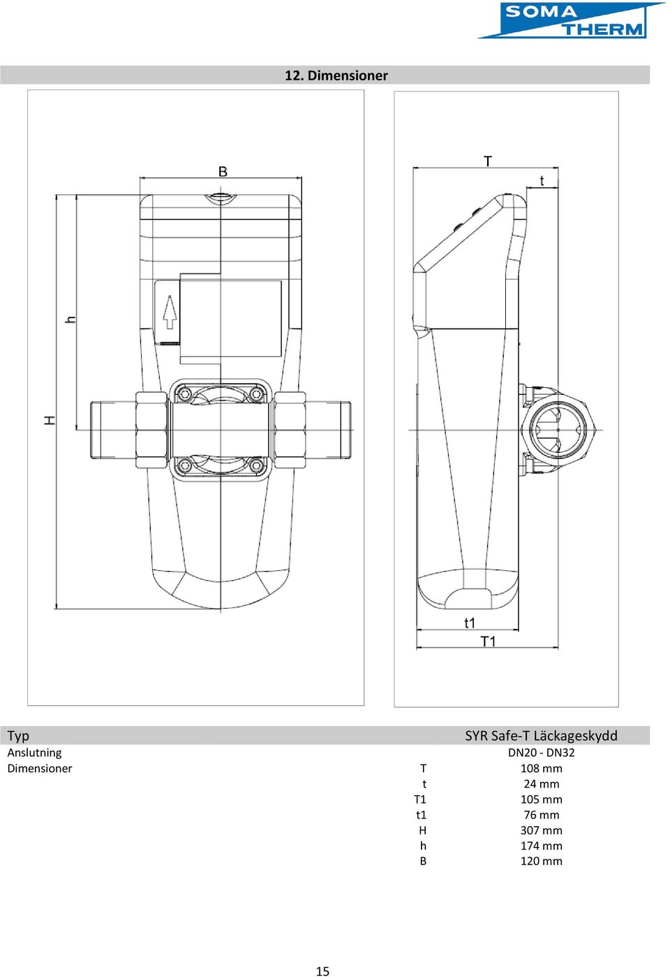 Dimensioner T 108 mm t 24 mm T1 105