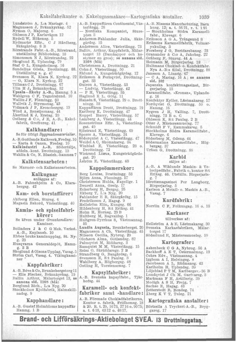 6 Anderson-Fahlander Julia, Skir- Eriksson A G A, TrOngsund 8 Rydmarks Eftr., C J H&rdberg, gordsg. 16 Eriksons Karamellfabrik, Volmar- Skirg%rdsg. 8 B Andersson Alice, Vtsterlangg. 73 yxkullsg.