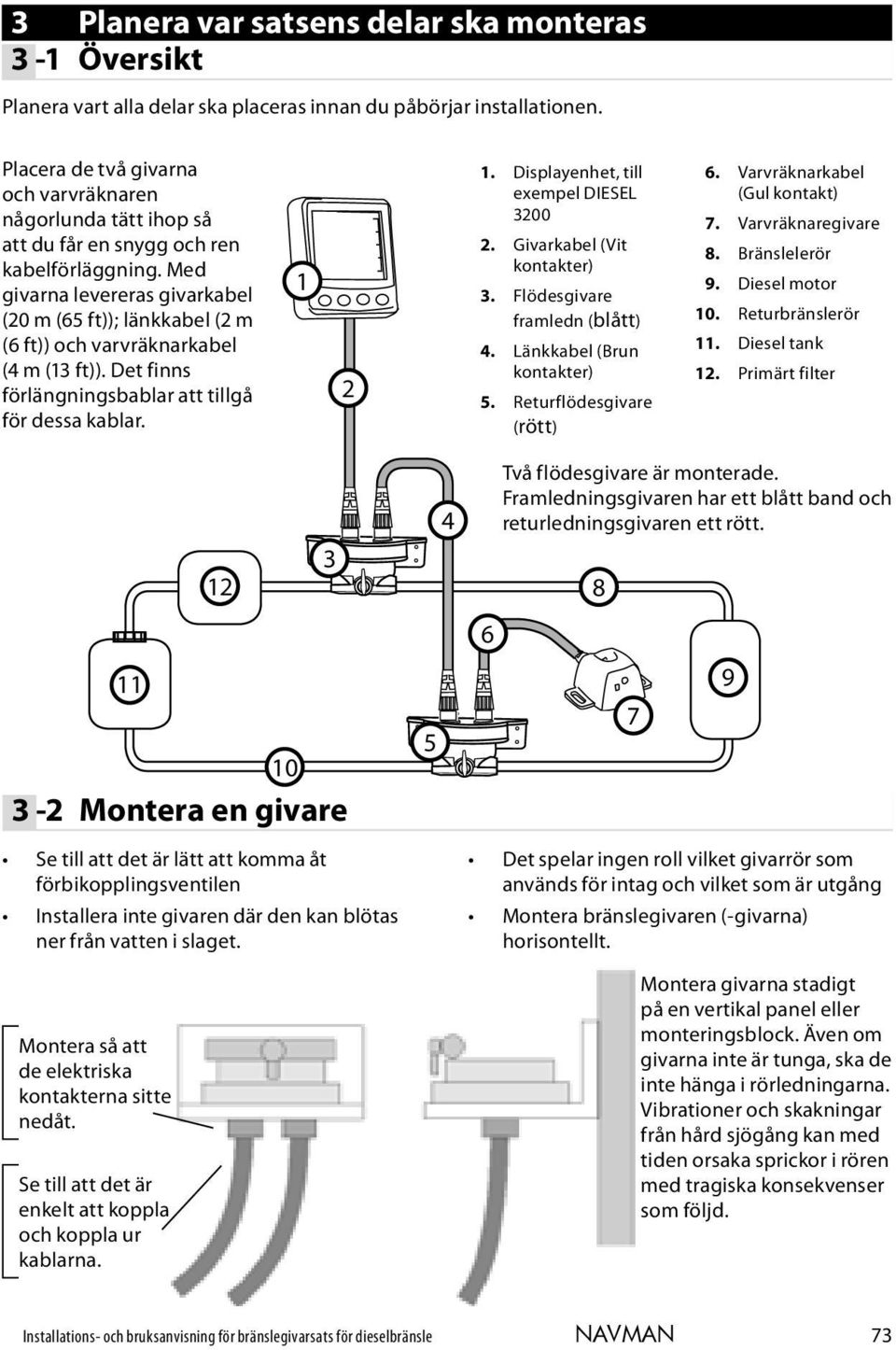 Med givarna levereras givarkabel (20 m (65 ft)); länkkabel (2 m (6 ft)) och varvräknarkabel (4 m (13 ft)). Det finns förlängningsbablar att tillgå för dessa kablar. 1 2 1.