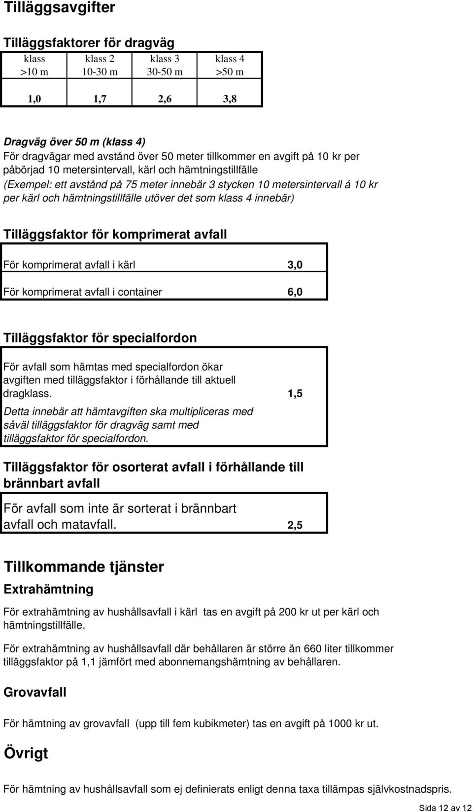 det som klass 4 innebär) Tilläggsfaktor för komprimerat avfall För komprimerat avfall i kärl 3,0 För komprimerat avfall i container 6,0 Tilläggsfaktor för specialfordon För avfall som hämtas med