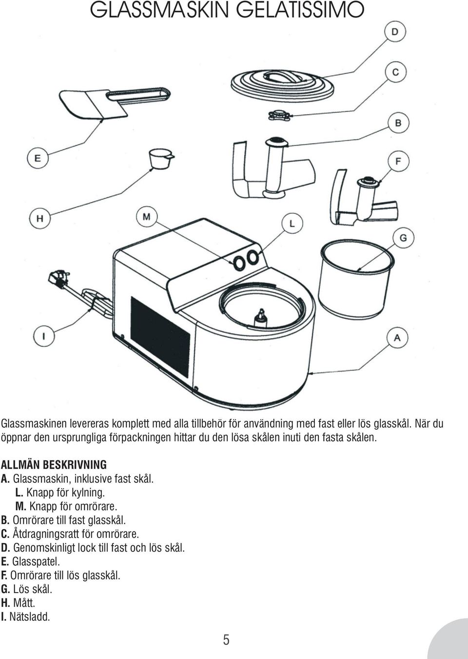 Glassmaskin, inklusive fast skål. L. Knapp för kylning. M. Knapp för omrörare. B. Omrörare till fast glasskål. C.
