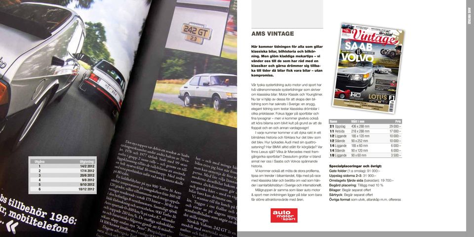 Utgåva 1 14/2 2012 2 17/4 2012 3 20/6 2012 4 9/8 2012 5 9/10 2012 6 18/12 2012 Vår tyska systertidning auto motor und sport har två välrenommerade systertidningar som skriver om klassiska bilar: