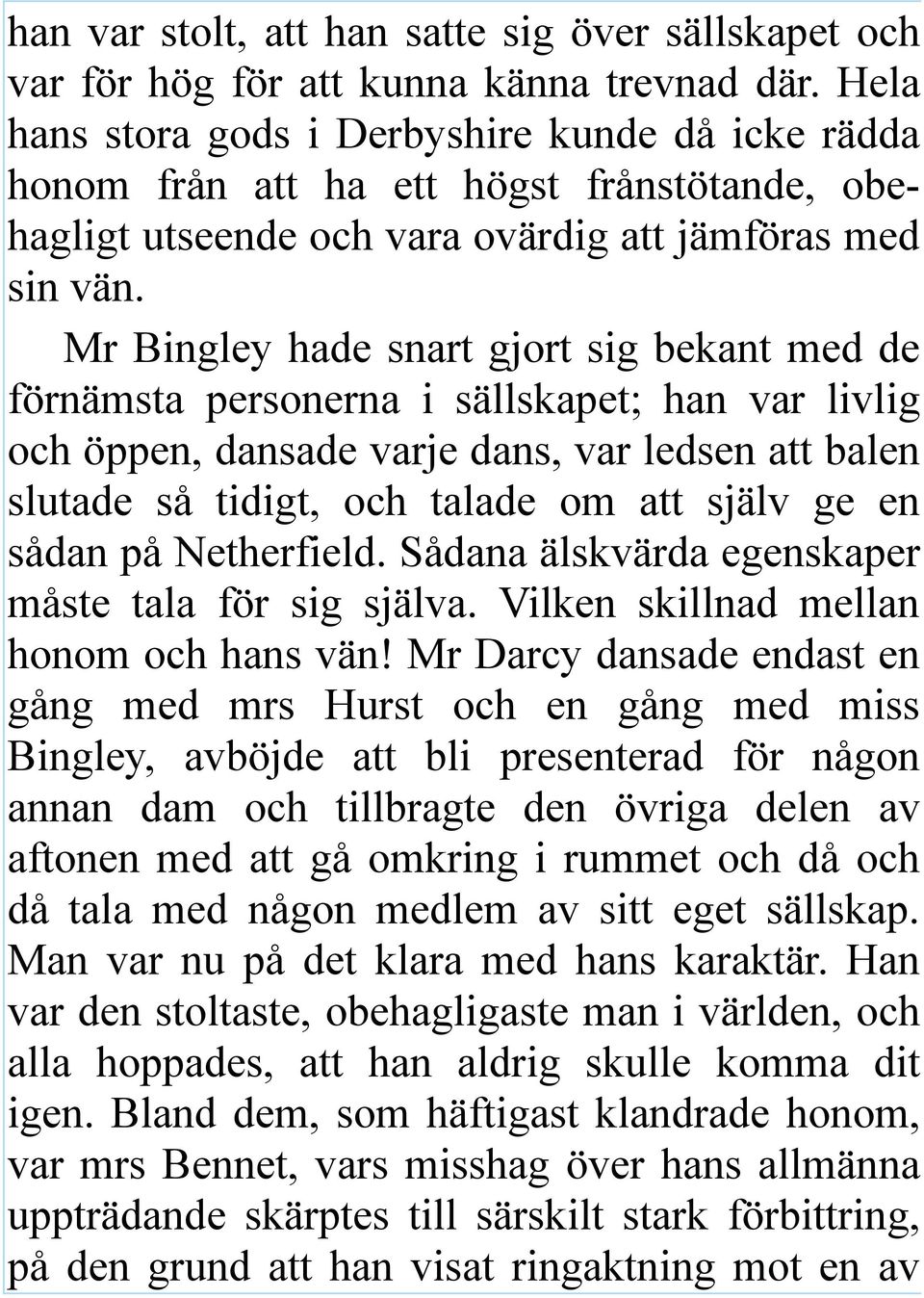 Mr Bingley hade snart gjort sig bekant med de förnämsta personerna i sällskapet; han var livlig och öppen, dansade varje dans, var ledsen att balen slutade så tidigt, och talade om att själv ge en